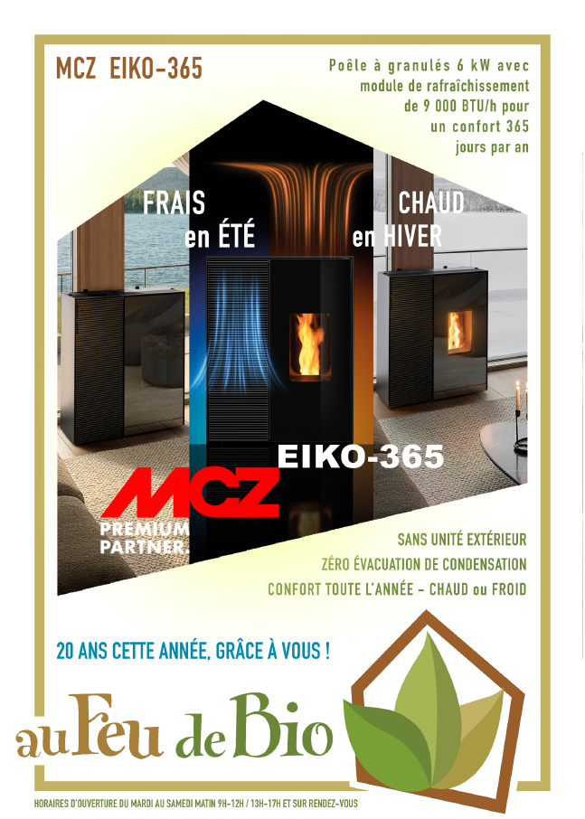 MCZ Eiko-365 - po&ecirc;le &agrave; granul&eacute;s 6 kW avec module de rafraichissement de 9000 BTU/h pour un confort 365 jours par an - sans unit&eacute; ext&eacute;rieur, z&eacute;ro &eacute;vacuation de condensation